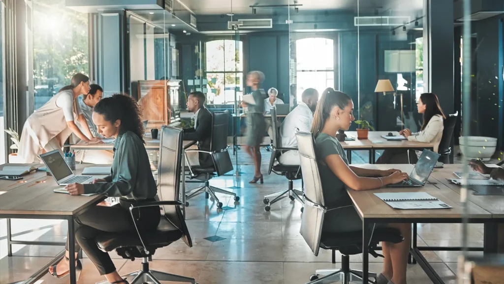 office space of employees working on laptops