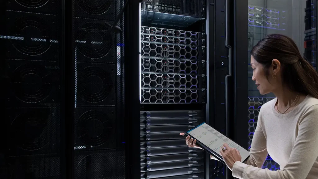 Woman interacting with Dell Technologies data center infrastructure